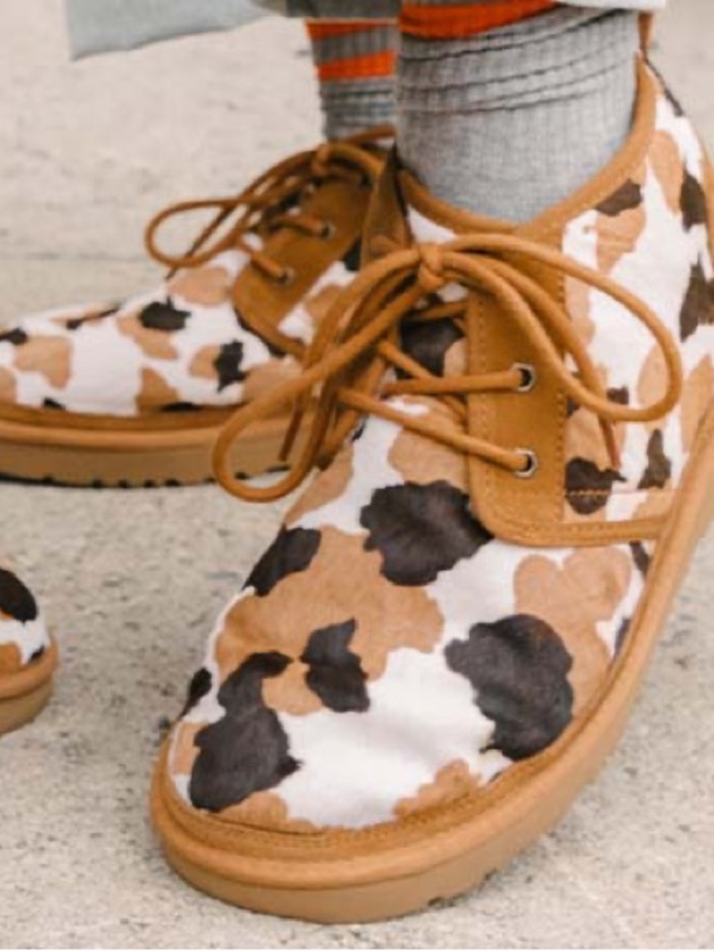 UGG Kids Cow-Print Shearling Lace-Up Boots in Tan, Black & White
